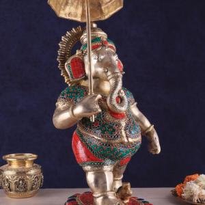 Brass Lord Ganesha with Umbrella | 24" x 12" x 11" | 14 kg | Meenakari Stonework | Divine Protection Art | Sacred Hindu Statue | Jaipurio